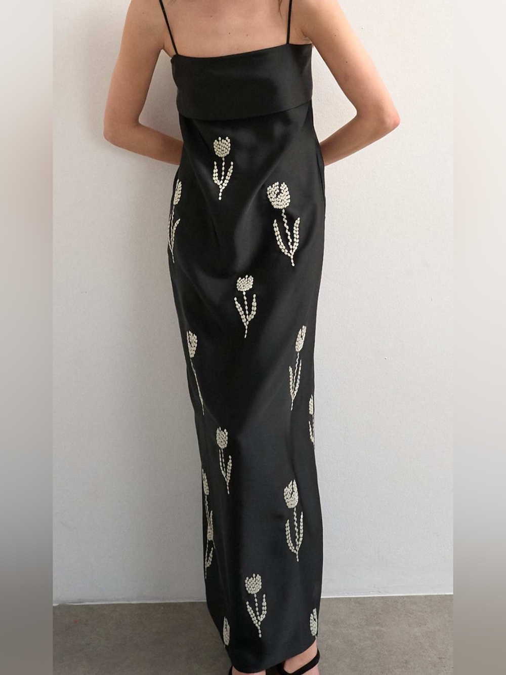 Topshop Elegant Black Slip Dress with White embroidered Floral Detail